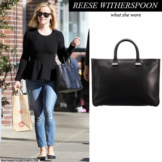 WHAT SHE WORE: Reese Witherspoon with black leather tote by The Row on  December 24 ~ I want her style - What celebrities wore and where to buy it.  Celebrity Style