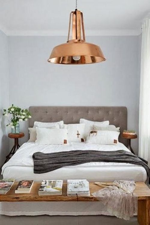 grey, white and neutral colors bedroom with copper details
