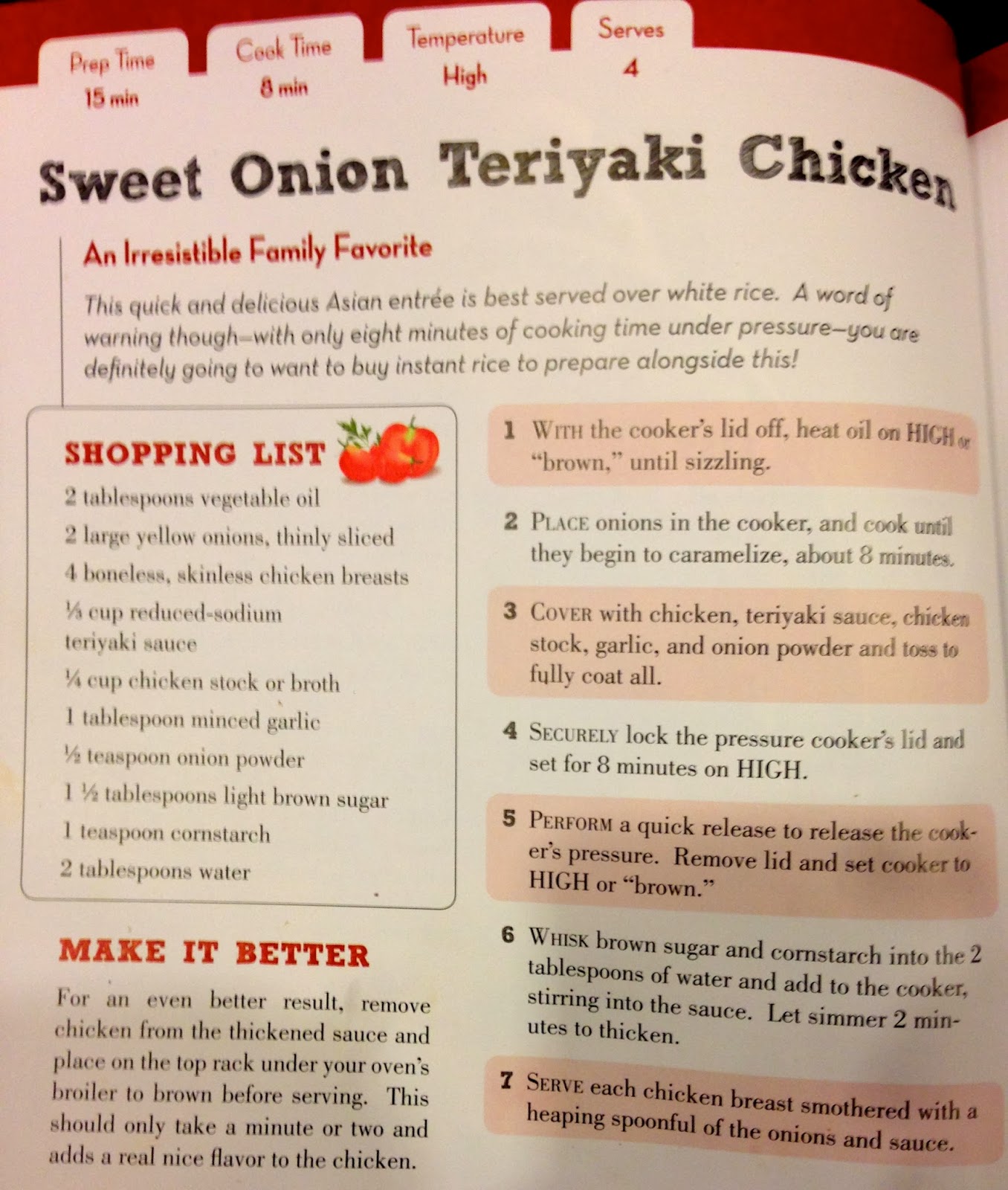 TASTE OF HAWAII SWEET ONION TERIYAKI CHICKEN PRESSURE COOKER RECIPE