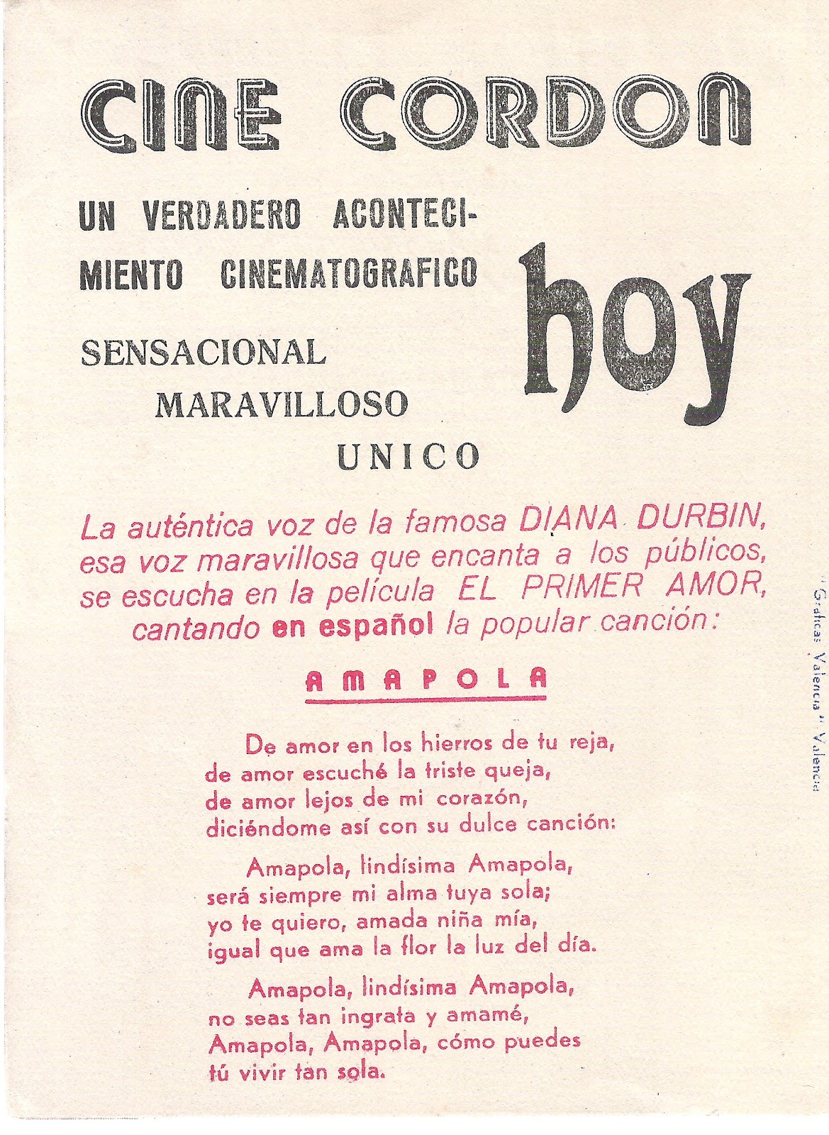 CINE PROGRAMAS DE MANO EL PRIMER AMOR HENRY KOSTER DIANA DURBIN