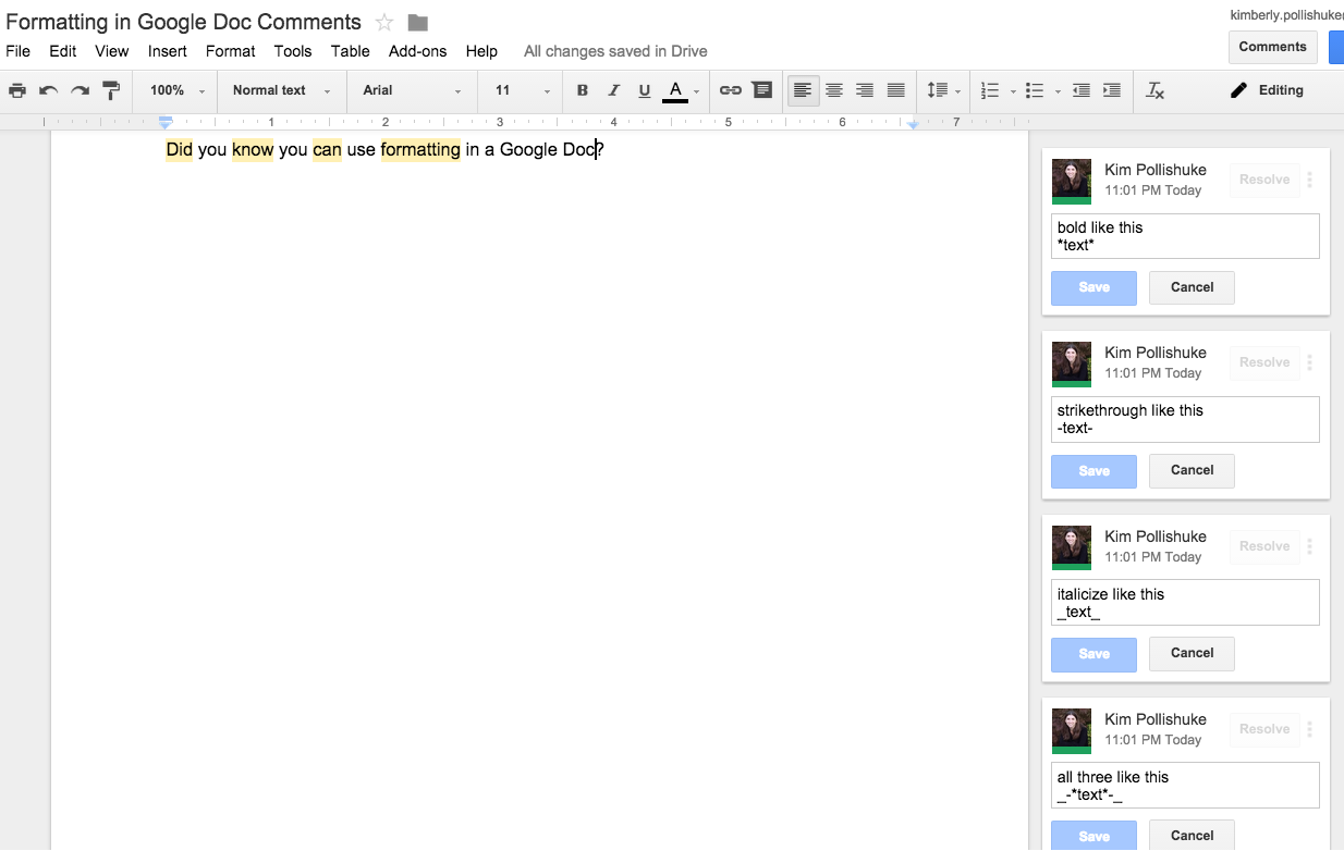 Google Docs Comments Can Have Formatting | Inquire and Inspire
