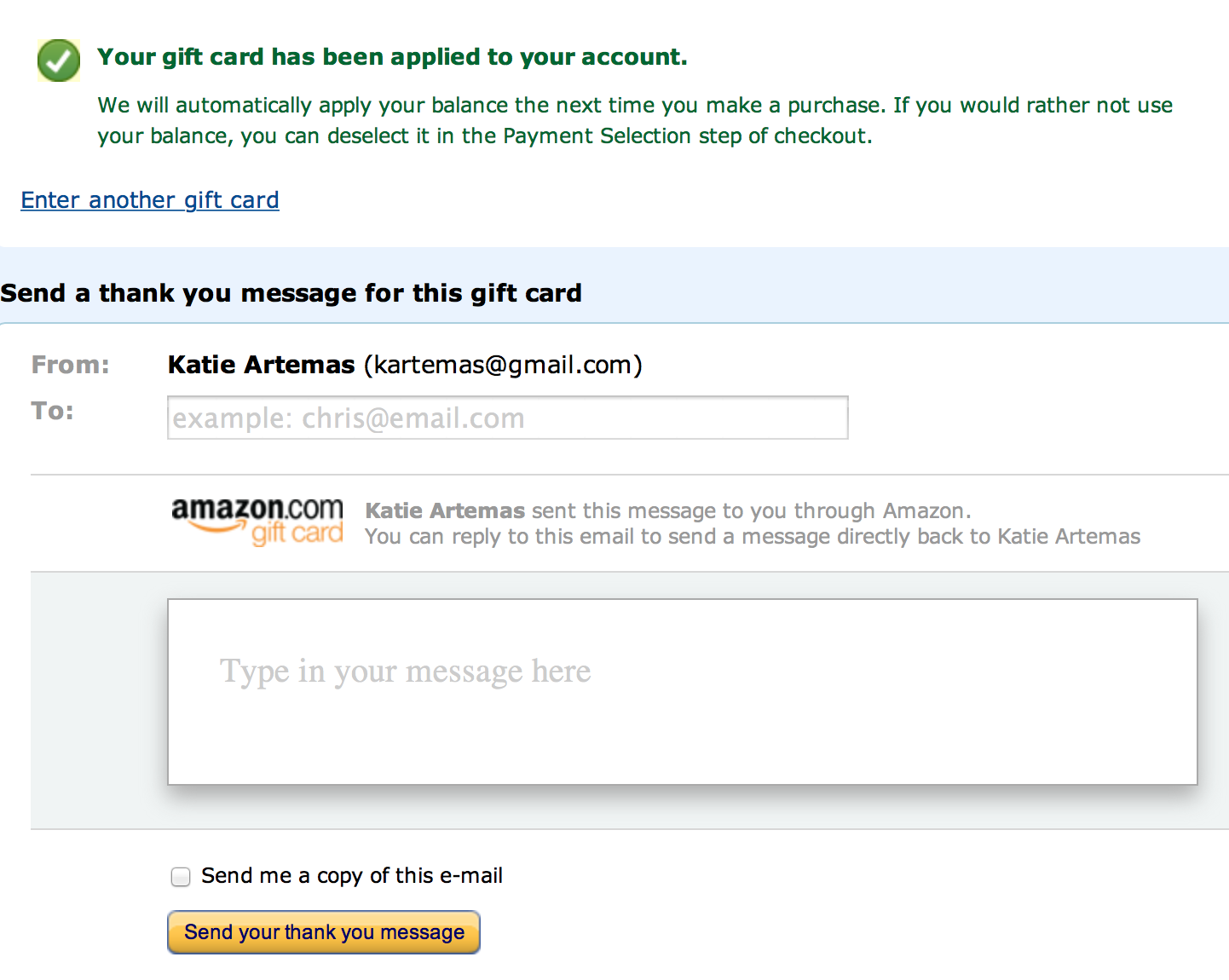 how to send a thank you note on amazon