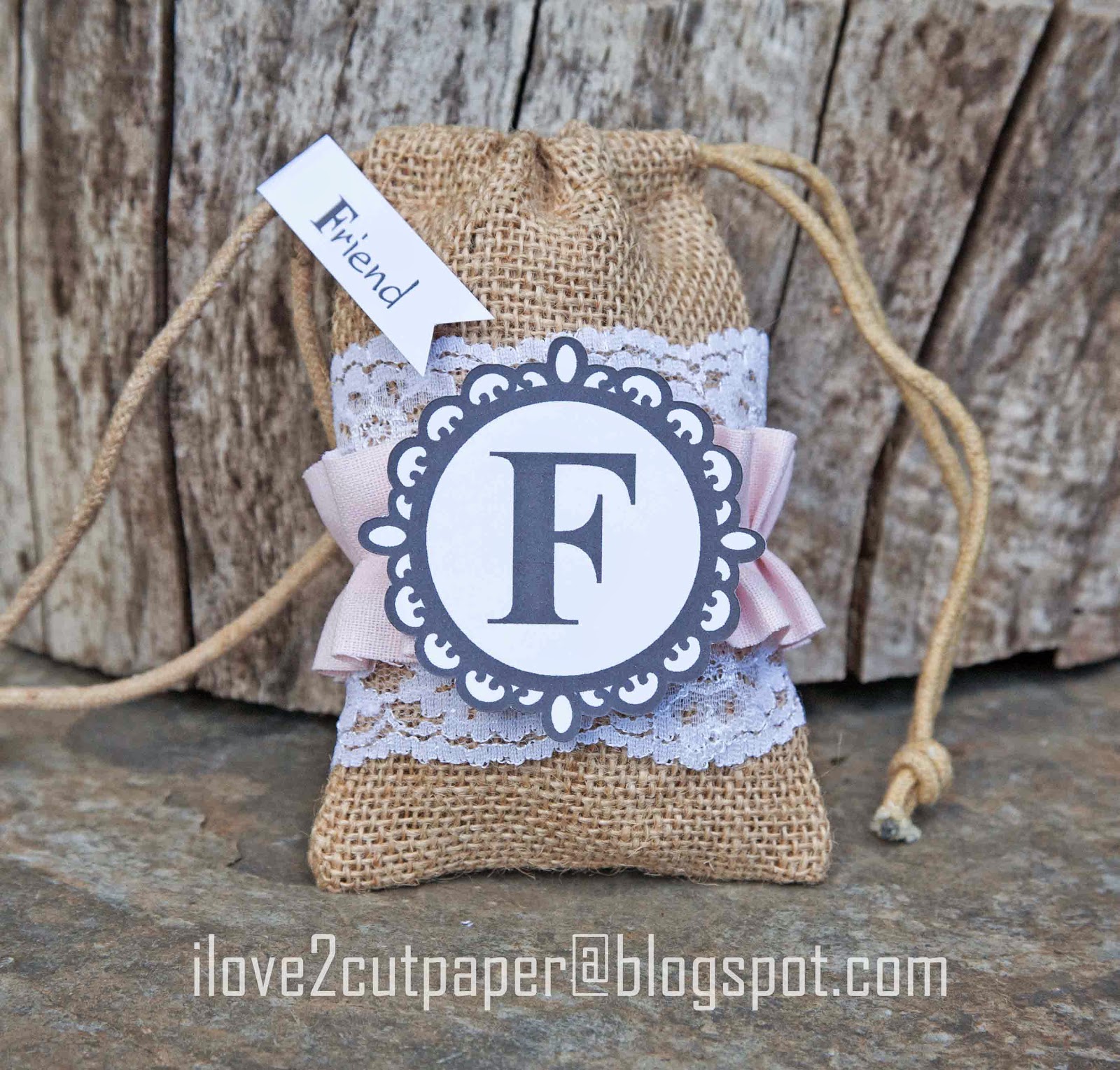 i love 2 cut paper Burlap Gift Bags with Monogram Toppers