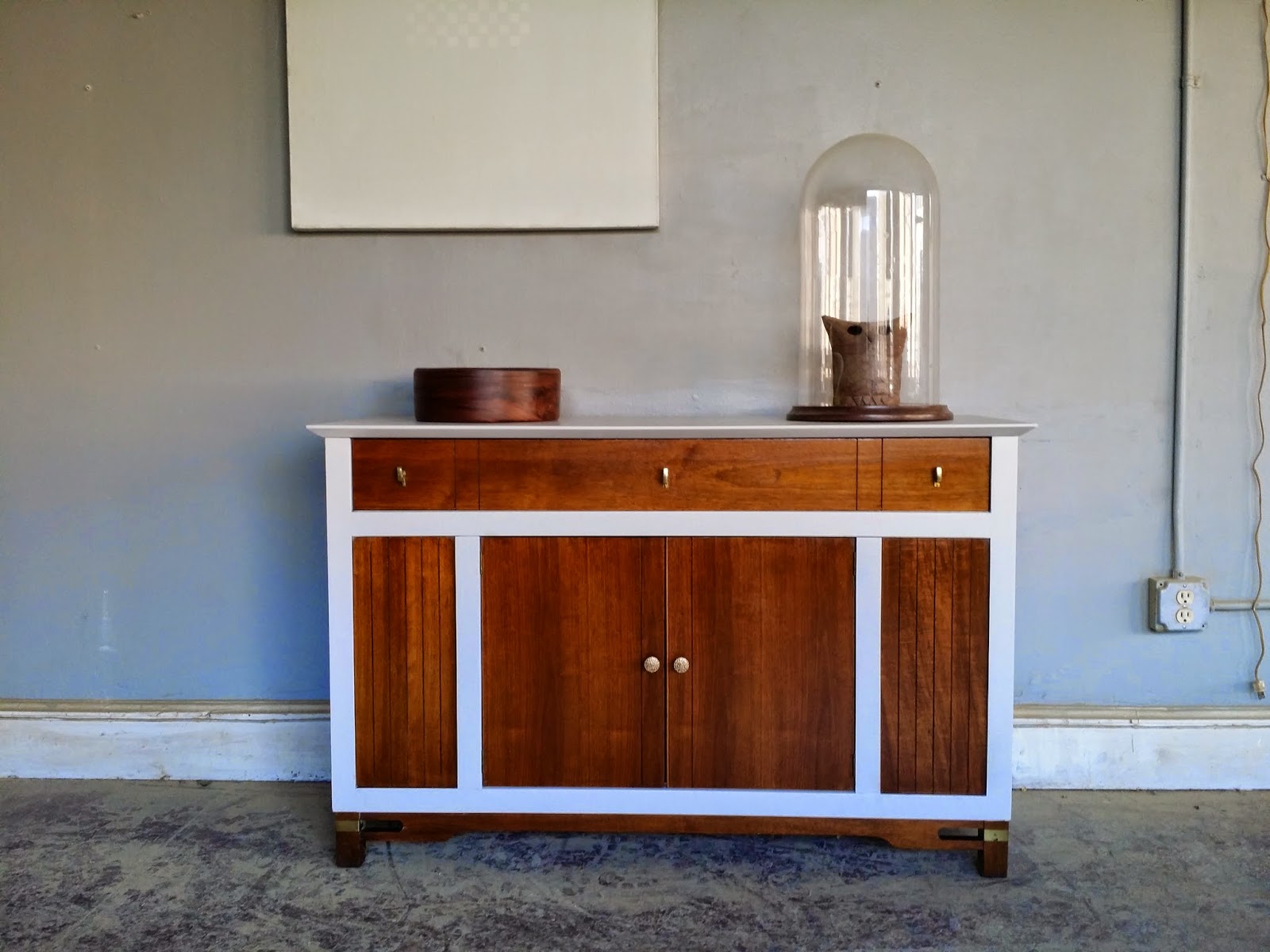 Vintage Ground Mid Century Ivory / White Media Console Credenza Buffet