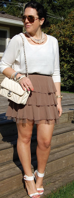 Soft sweater and tiered ruffle Forever 21 skirt with Topshop sandals and a Chanel French Riviera handbag.