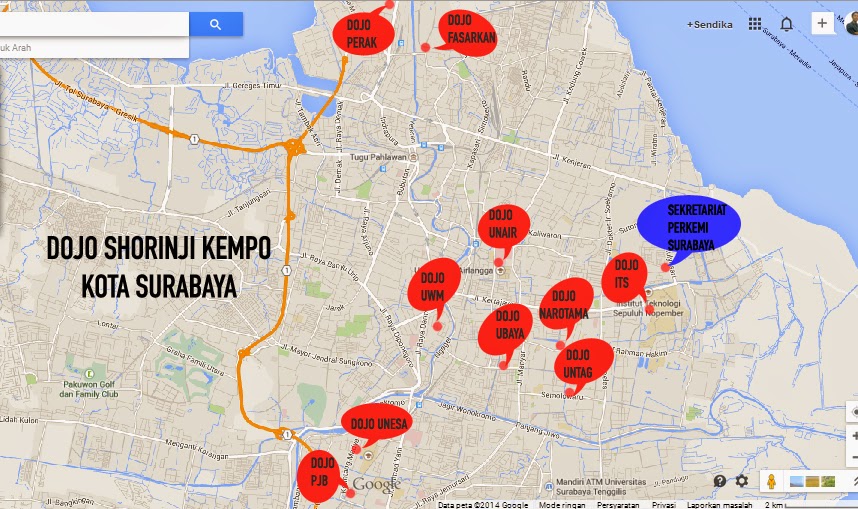 5. Peta lokasi dojo-dojo Shorinji Kempo di Kota Surabaya.