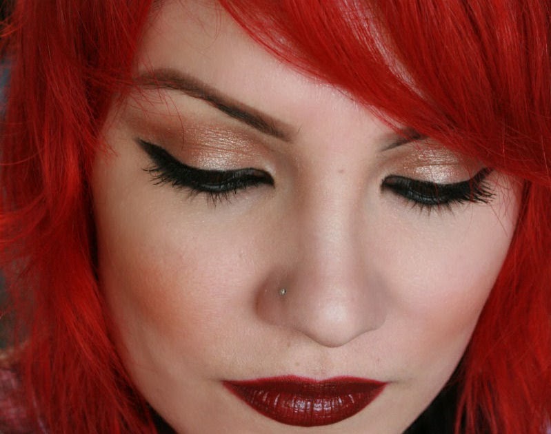 Today's Makeup Dark red lips and Shimmery golden eyes