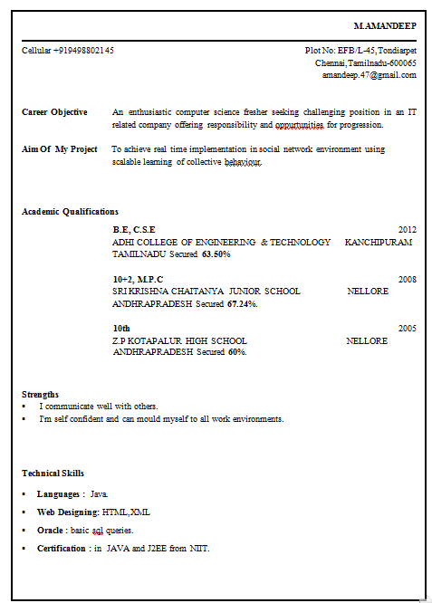 best resume format for freshers engineers
