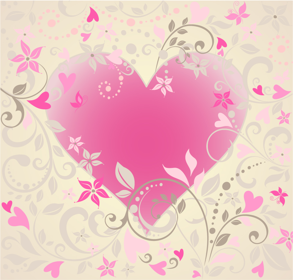 植物に囲まれたピンクのハート Heart with Floral Ornament イラスト素材