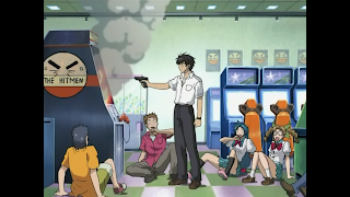 Sousuke solves an arcade game by shooting it.