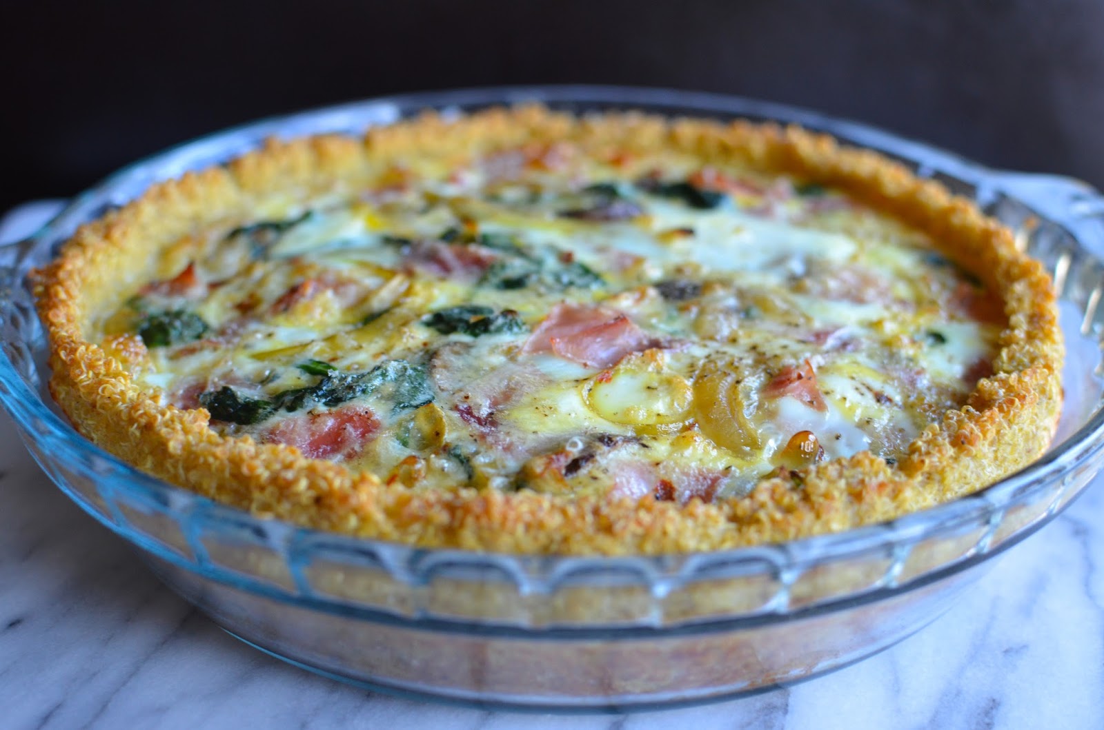 Playing with Flour Spinach, onion, and mushroom quiche with a quinoa crust