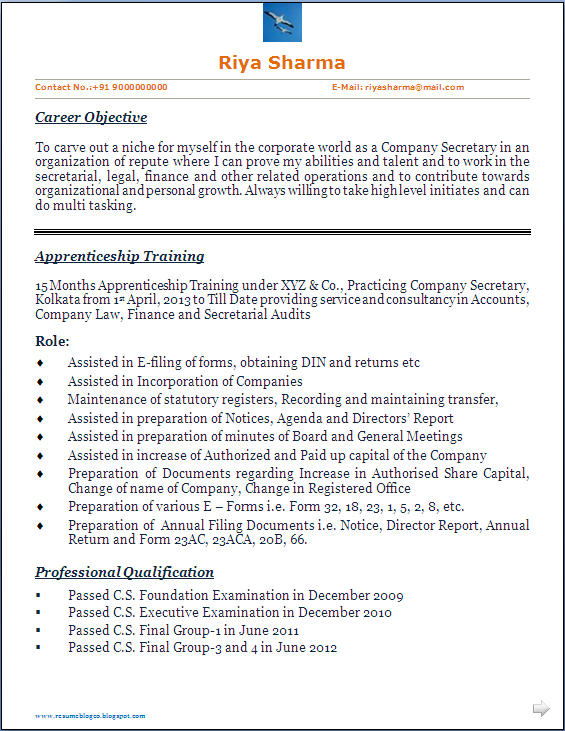 resume blog co  company secretary  cs  trainee u0026 39 s beautiful resume sample in word doc