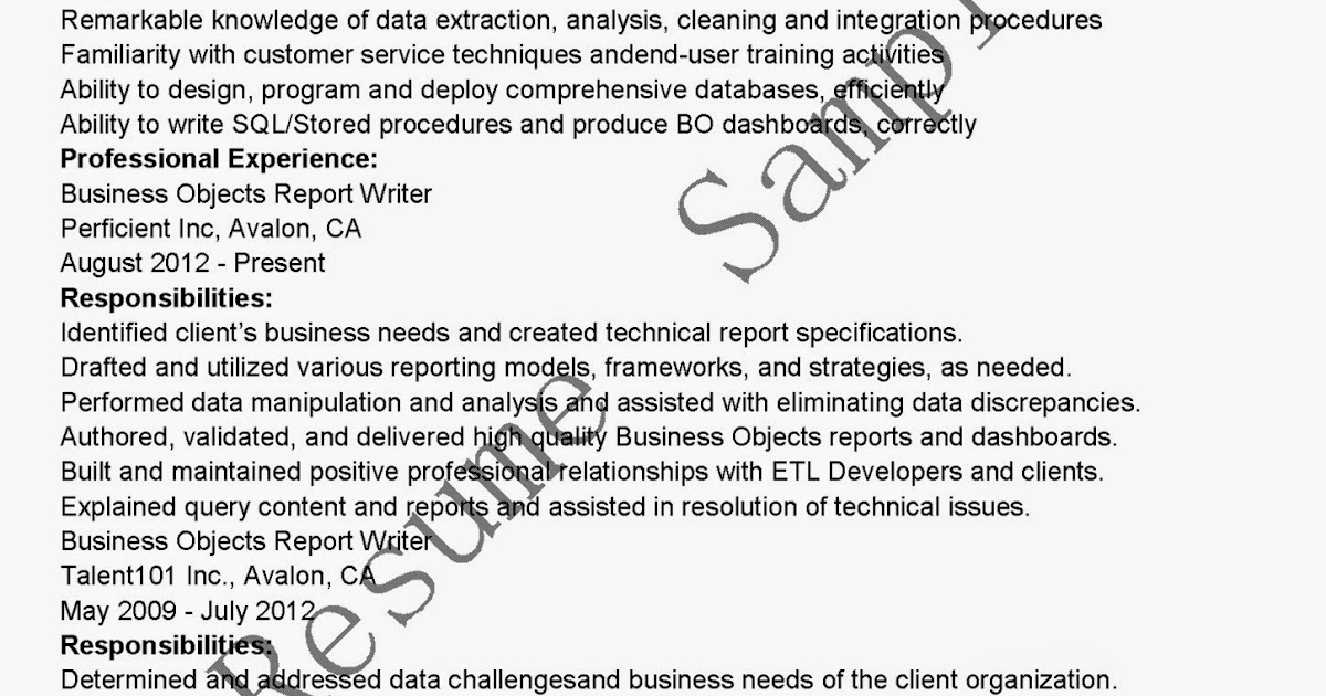 resume samples  business objects report writer resume sample
