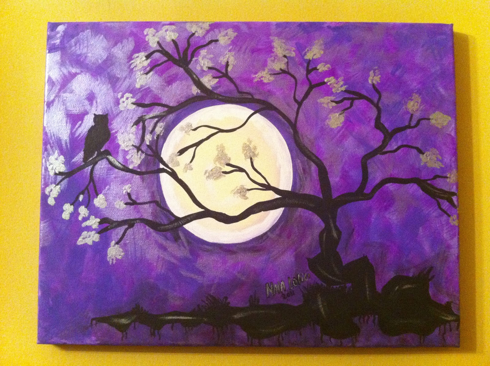 Nada's Art Purple Owl Tree 11x14 Canvas PaintingSold