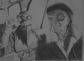 A student's rendition of Rosa Parks sitting on a bus, with two people in the background. She's wearing big, reflective glasses, and she's got a stubborn look about the mouth. Like Captain America's famous 'No, you move line' from the comics.