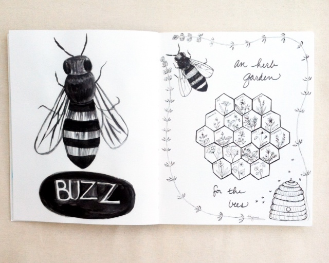 2x2, #2x2Sketchbook, Dana Barbieri, Anne Butera, Sketchbooks, b&w, bees, herbs