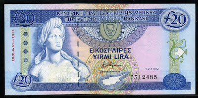 Cyprus currency 20 Cypriot pounds banknotes notes images