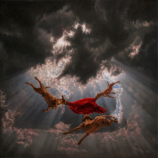 Joel Rea pintura hiper-realista surreal cães gigantes caindo céu Para sempre voando Joel Rea pintura hiper-realista surreal cães gigantes caindo céu Para sempre voando