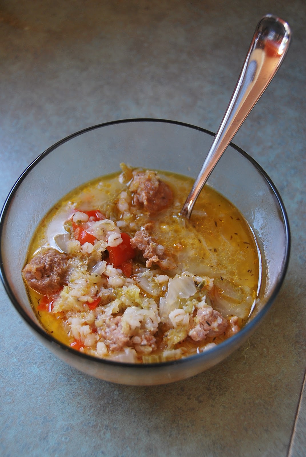 LoveLettersInaPan Pearl Barley, Savoy Cabbage and Chorizo Soup