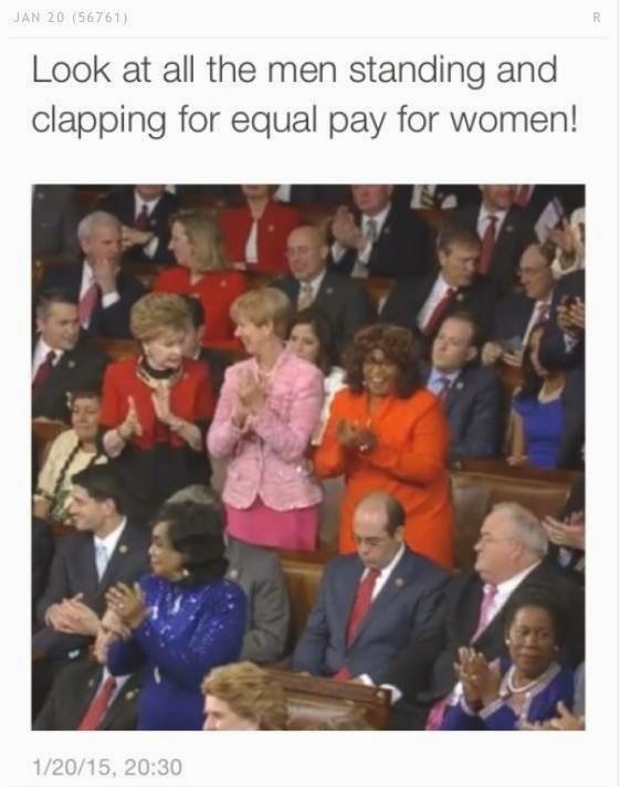 Photo of a full congress during the SOTU, with only women standing and clapping, with the caption "Look at all the men standing and clapping for equal pay for women!"