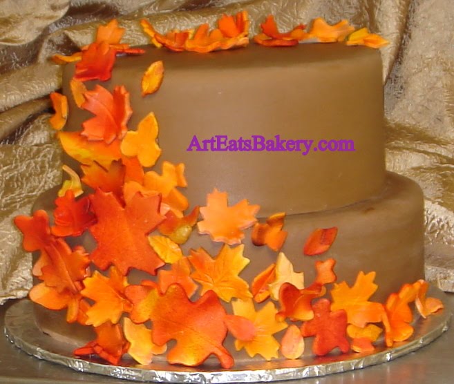 Custom unique two tier chocolate brown fondant wedding cake with sugar fall