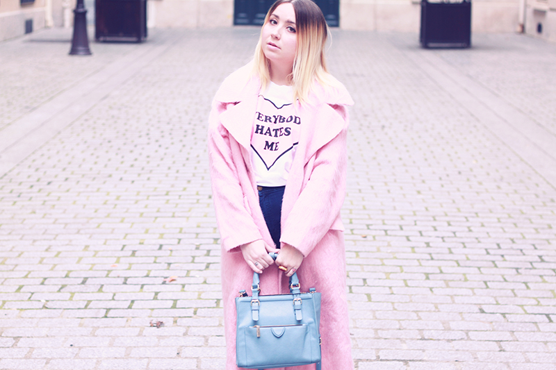 asos pink coat zara bag nikkilipstick tshirt outfit