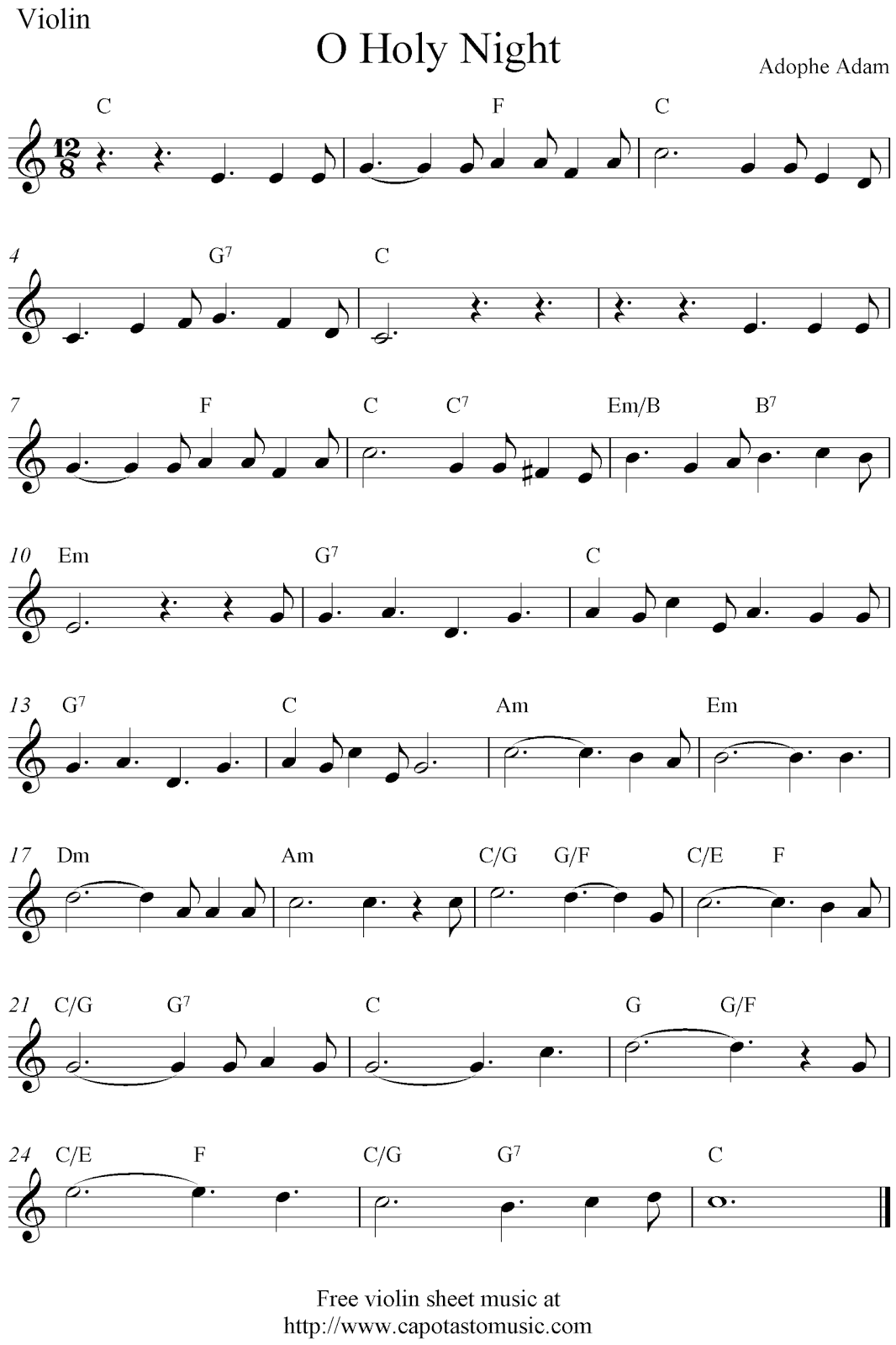 O Holy Night, free Christmas violin sheet music notes