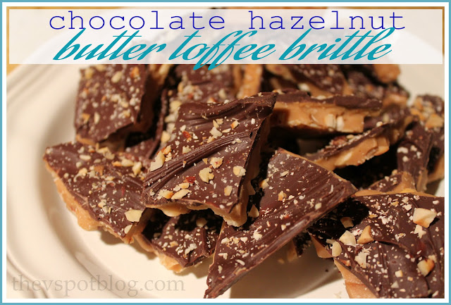 Yummy chocolate hazelnut butter toffee brittle. Easy to make, perfect for gift-giving.
