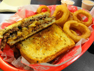 Double Patty Melt with onion rings