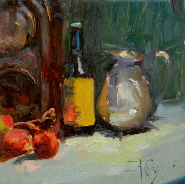 in plein air "Silver Pitcher" still life oil painting by Robin Weiss