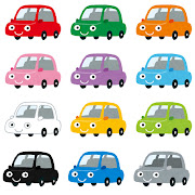 いろいろな色の車のキャラクターのイラスト
