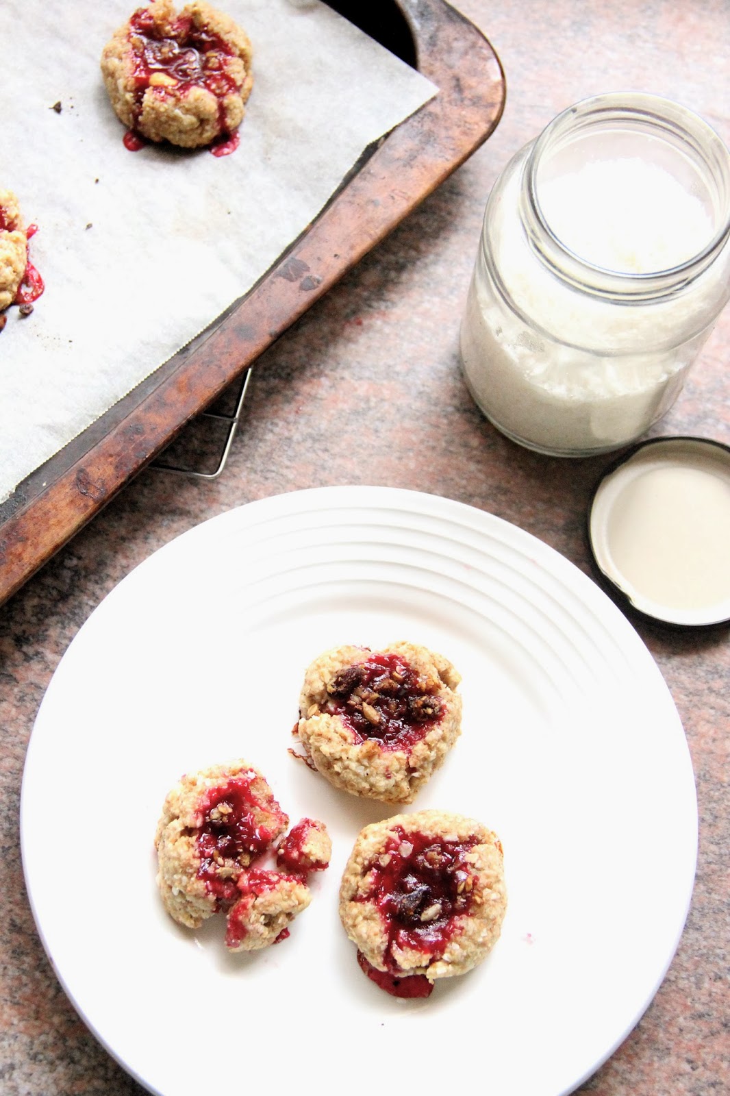 My Happy Place coconut, oatmeal, and cherry jam thumbprints