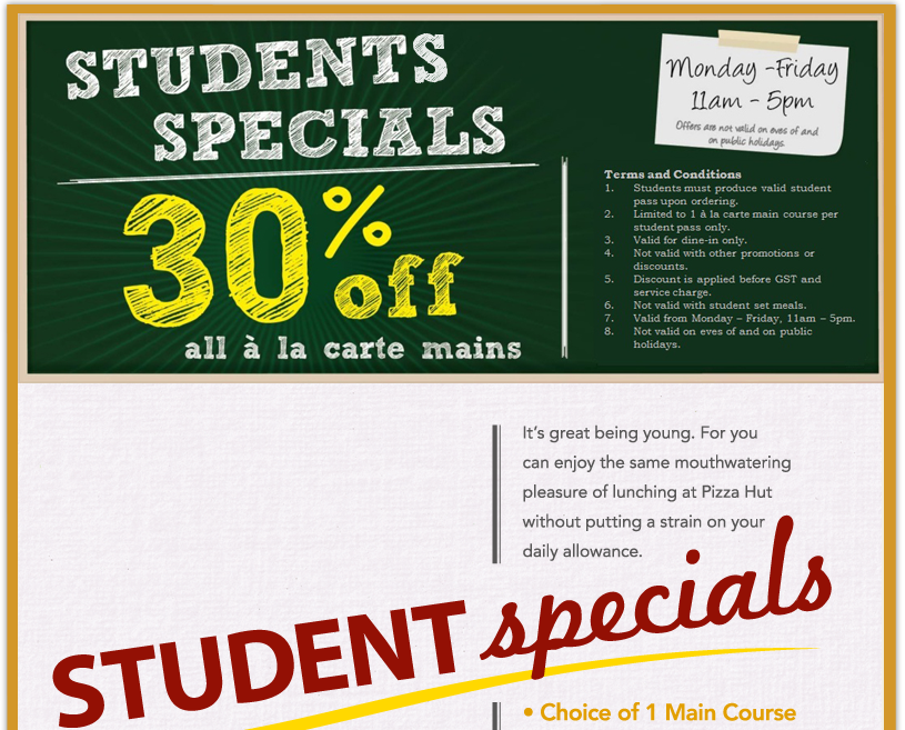 Singapore warehouse sales and events Pizza Hut Student Specials for