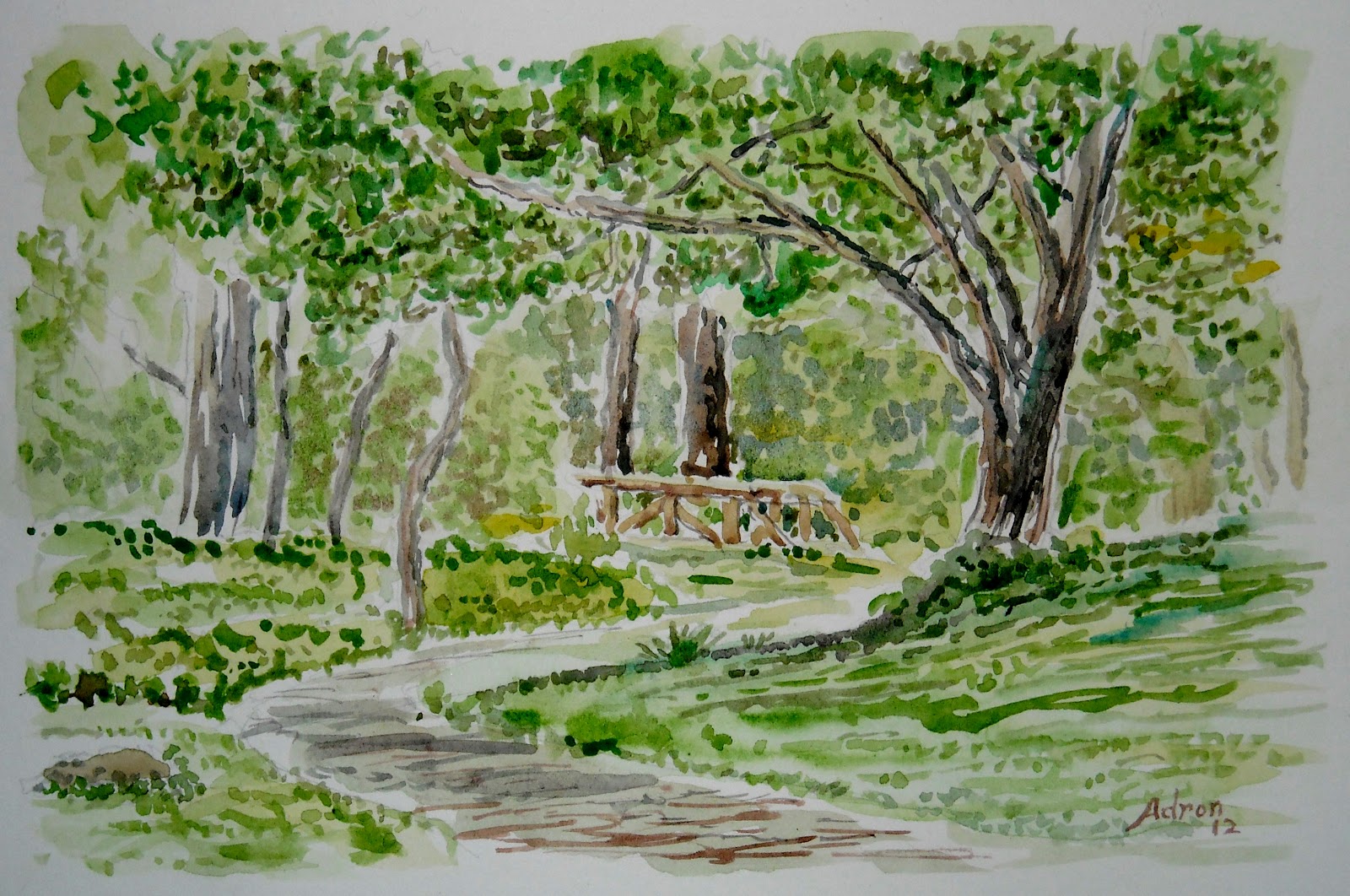 Artist Adron Watercolor Painting Forest Path and Bridge
