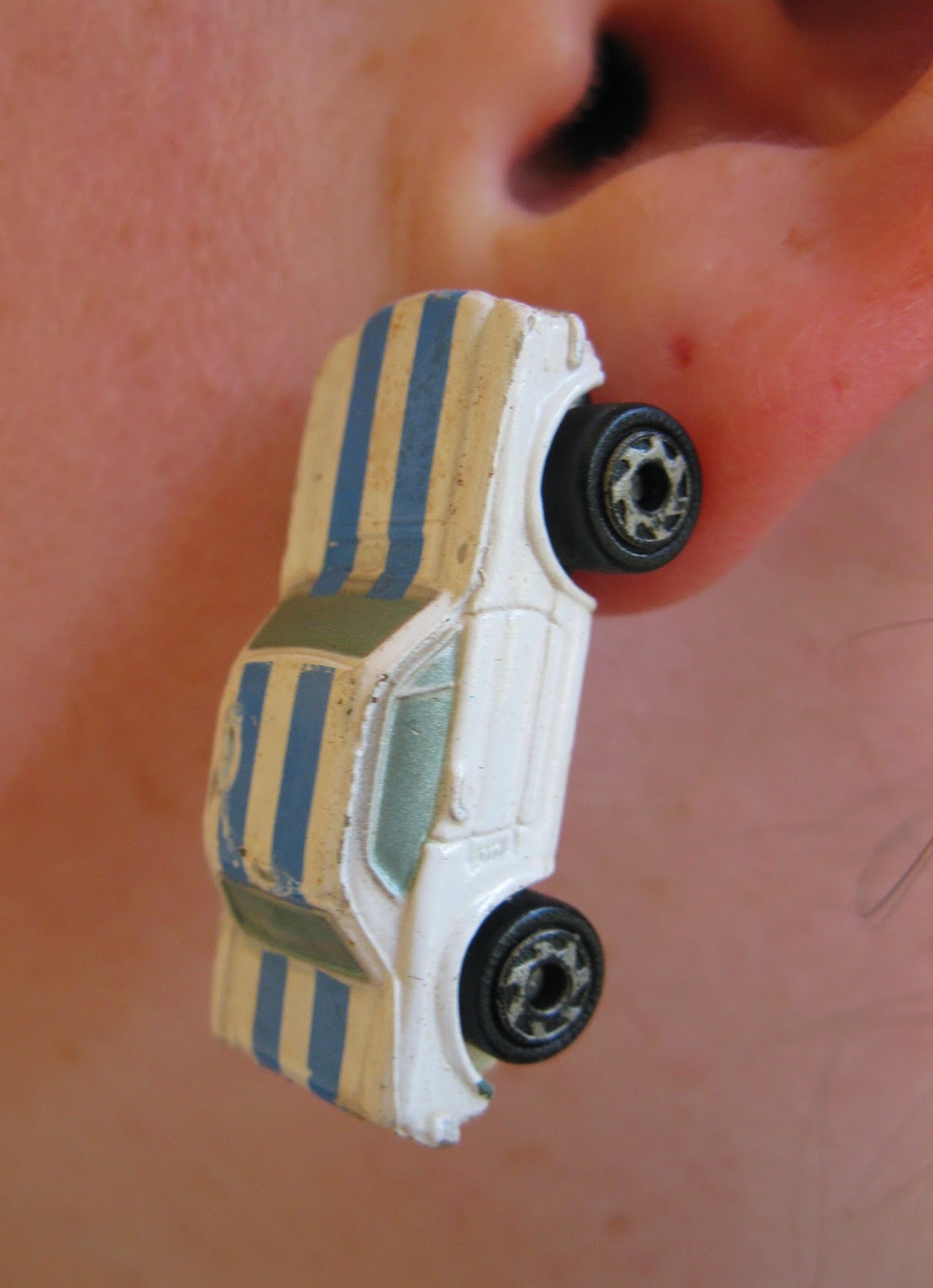 Glue and Random Objects Toy Car Earrings