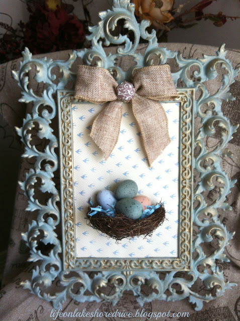 ASCP duck egg blue, gold gilding wax, 3-D bird's nest framed art, antique frame makeover