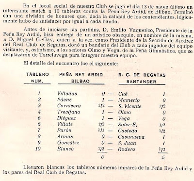 Extracto del folleto del encuentro de ajedrez entre el Peña Rey Ardid de Bilbao y el Real Club de Regatas de Santander