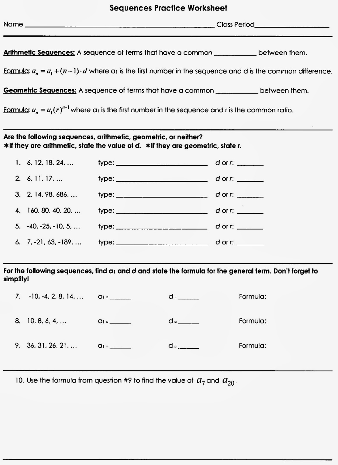 Mr. Matt's Math Classes: Assignment - Sequences Practice Worksheet