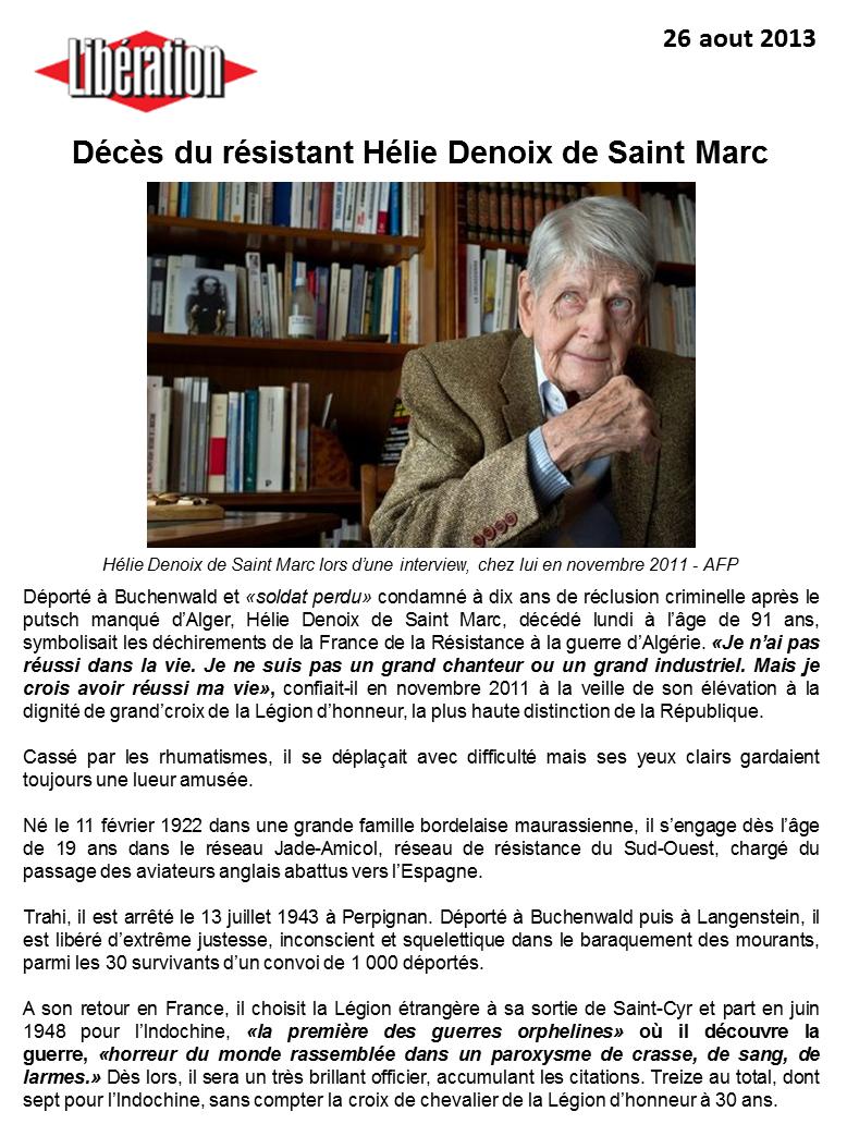 Hélie Denoix de Saint Marc Décès du résistant Hélie
