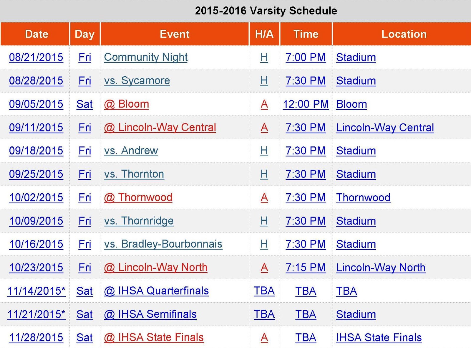 LincolnWay HS Dist 210 Varsity Football Schedules