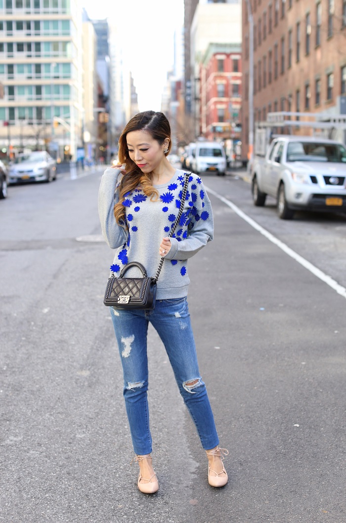 Shall We Sasa Embellished flower sweatshirt lace up flats j crew Embellished flower sweatshirt, chanel boy bag, chanel earrings, lace up flats, jcrew lace up flats, AG jeans, spring outfit, spring essentials