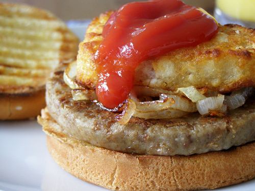 Vegan Sausage and Hash-Brown Burger