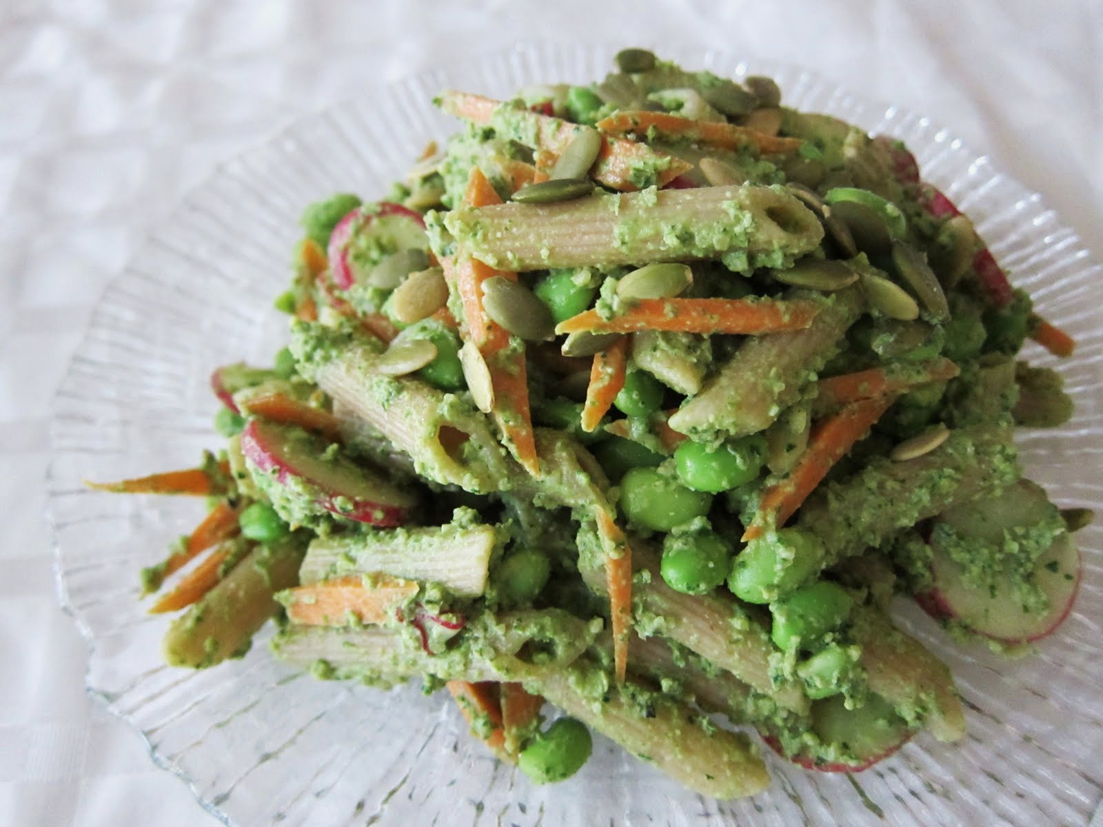 Garlic and Sea Salt Edamame Pasta Salad with Arugula Mint Pesto