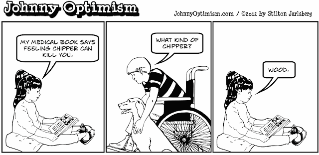 johnnyoptimism, johnny optimism, medical humor, sick humor, wheelchair, stilton jarlsberg, boy and his dog, medical book girl, hypochondria