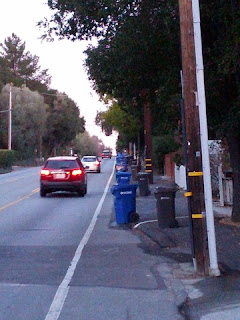 Bike lane completely blocked by trash and recycling bins.