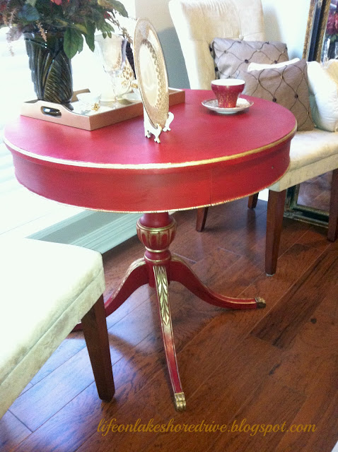 Annie Sloan Emperor's Silk Red Chalk Paint Table Makeover, gold gilding wax, tutorial, dark wax, diy