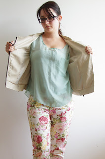 [Fashion] The Floral Pants! Mint Chiffon Top, Jeans Jacket / Beige Leather Jacket / Mint Coat