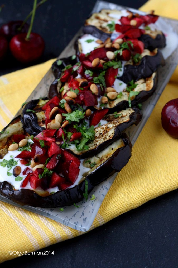 Mango & Tomato Grilled Eggplant with Buttermilk Sauce, Cherries & Pine