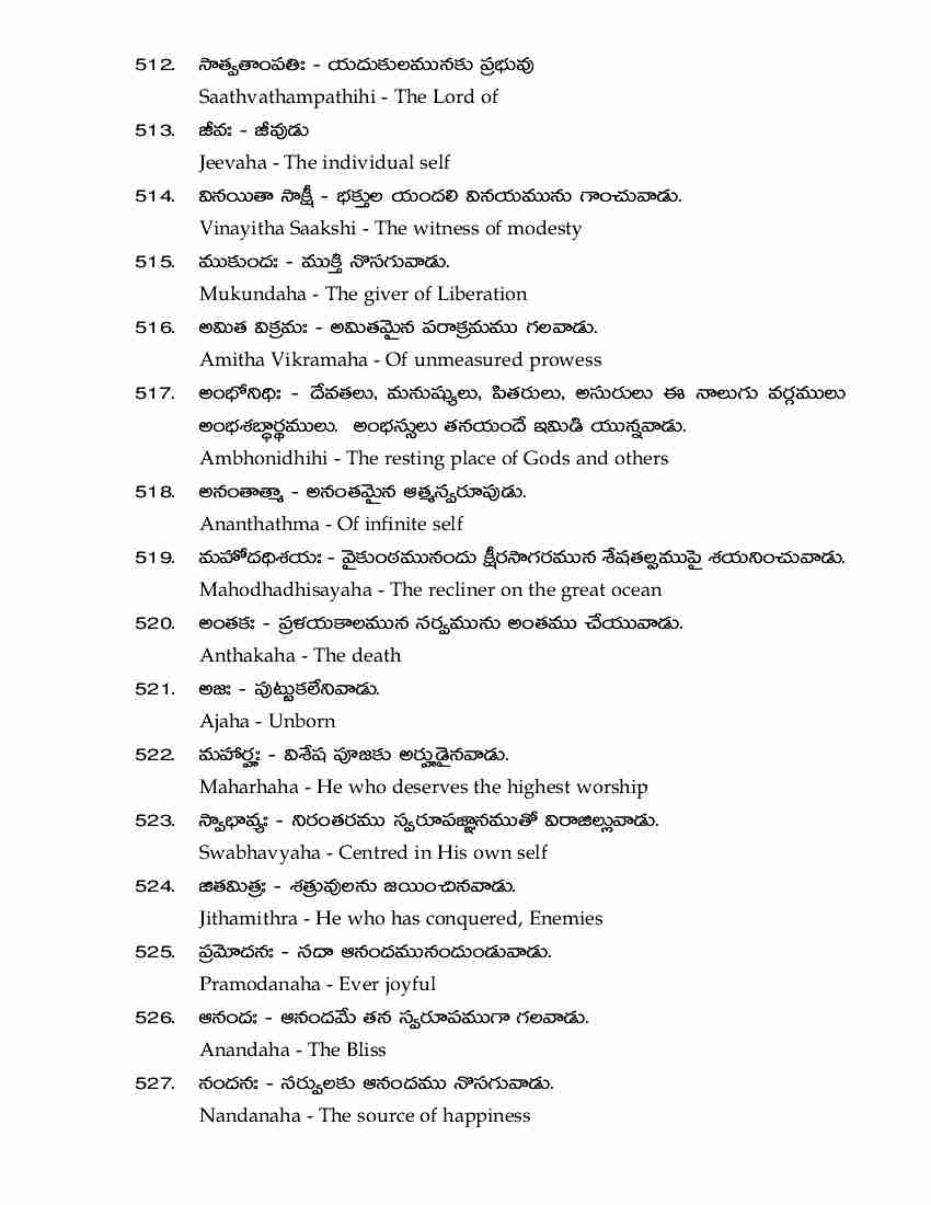 Telugu Velugu vishnu sahasranamam meaning in telugu and english