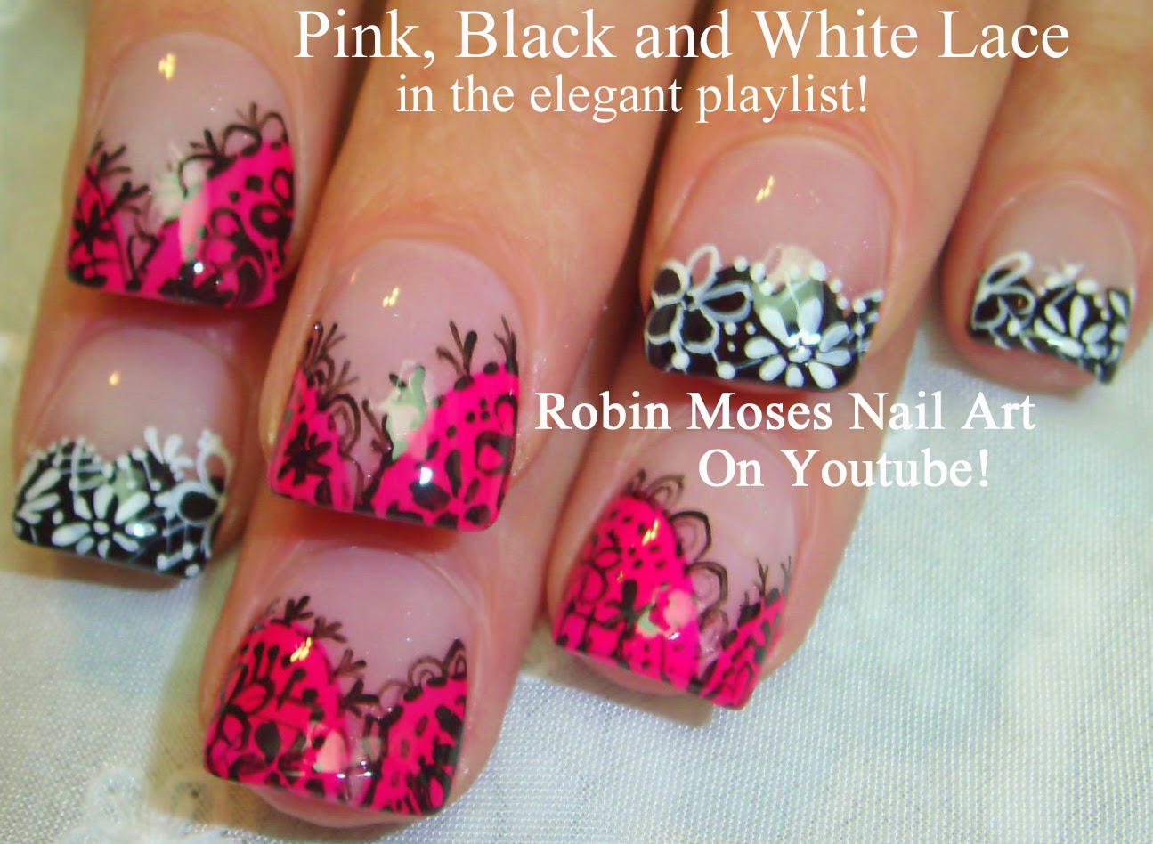 Nail Art by Robin Moses "pink and black nails" "pink and black nail